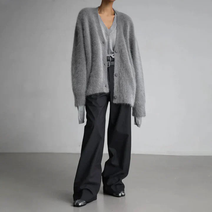 V Neck Knit Cardigan - Relaxed Fit with Buttons