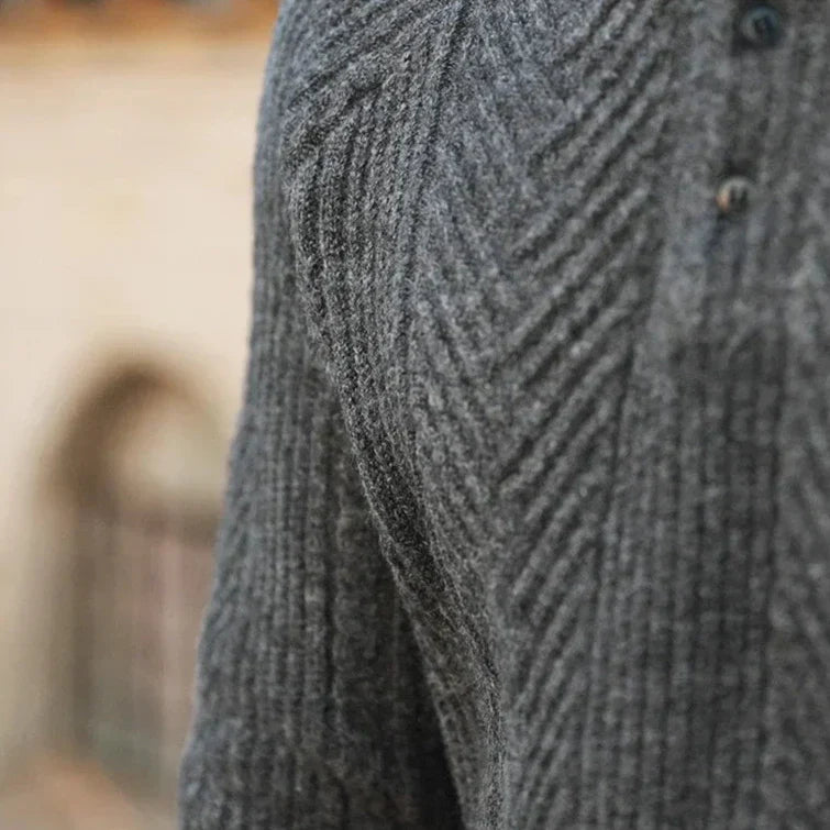 Long Sleeve Knit Polo Shirt - Classic Fit with Button Neck