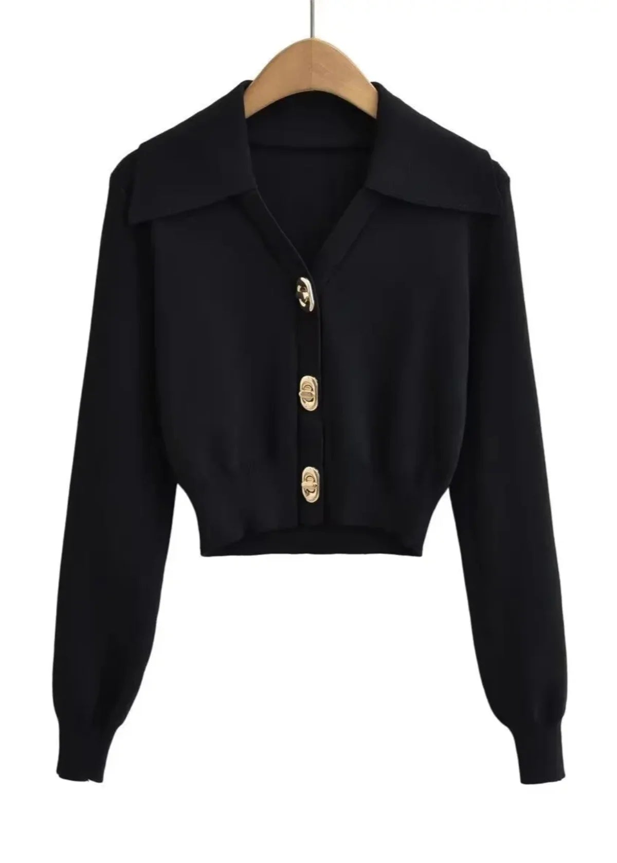 Cropped Knit Cardigan - Contrast Collar and Buttons