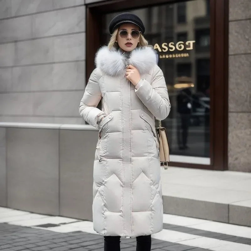 Long Puffer Coat - Quilted Design with Hood Trim