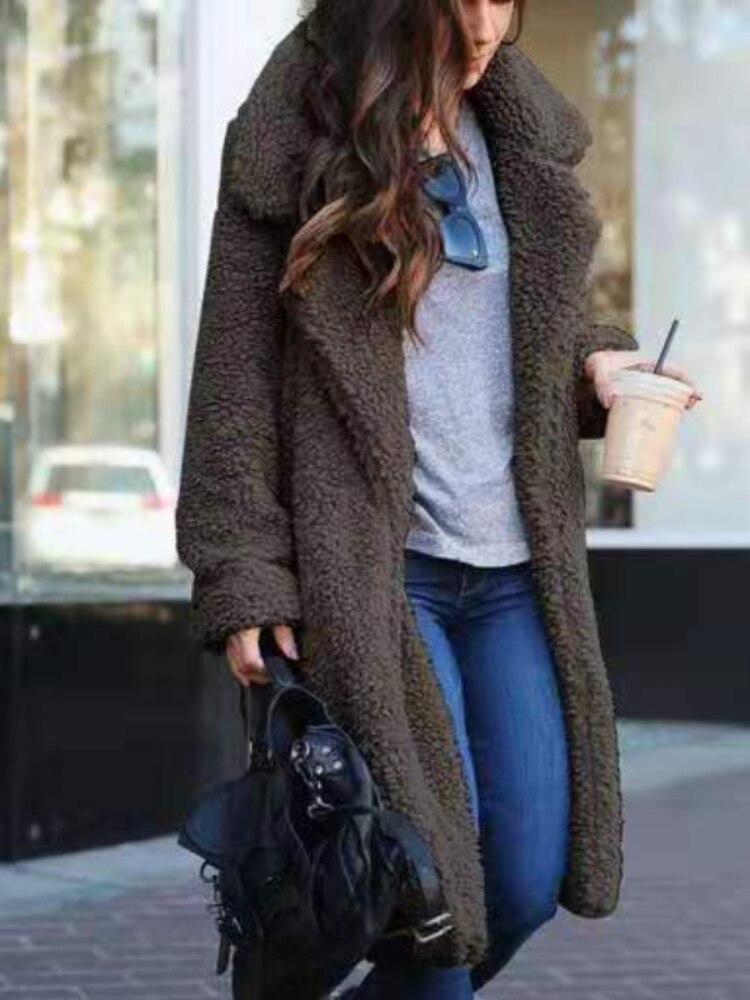 Long Teddy Coat - Open Front with Relaxed Fit