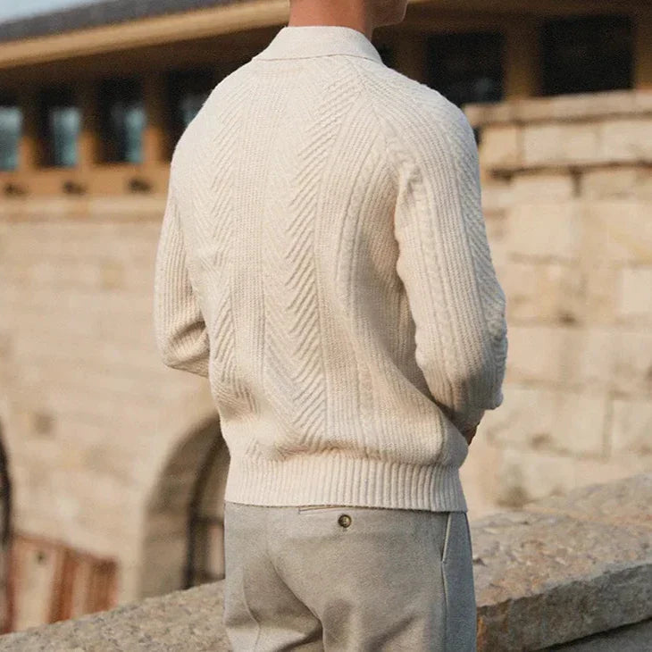 Long Sleeve Knit Polo Shirt - Classic Fit with Button Neck