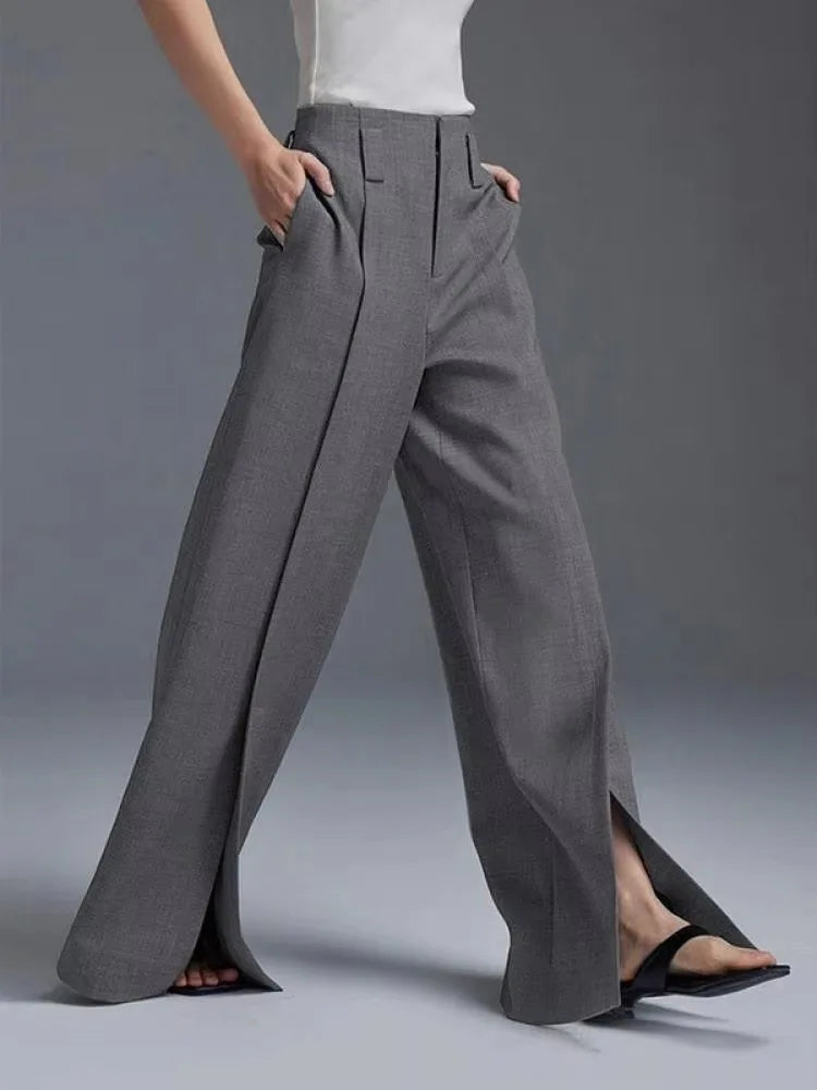 Wide Leg Pants - Front Slit High Waist