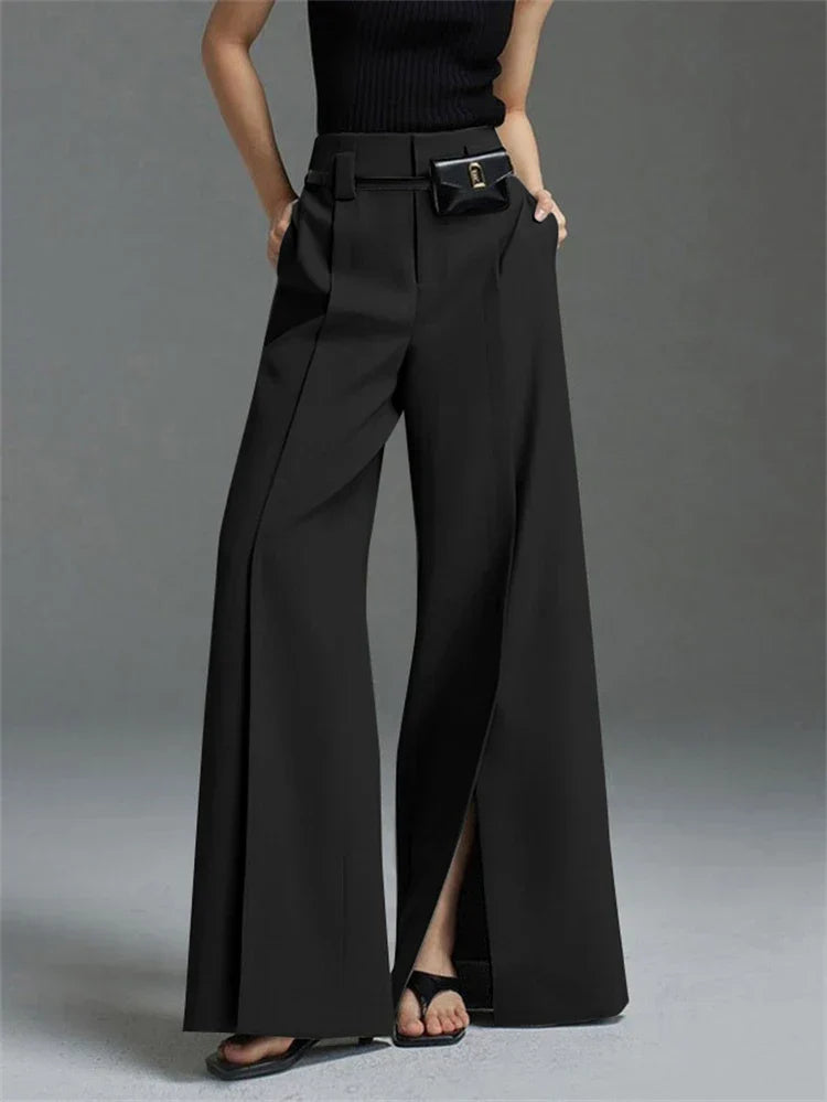 Wide Leg Pants - Front Slit High Waist