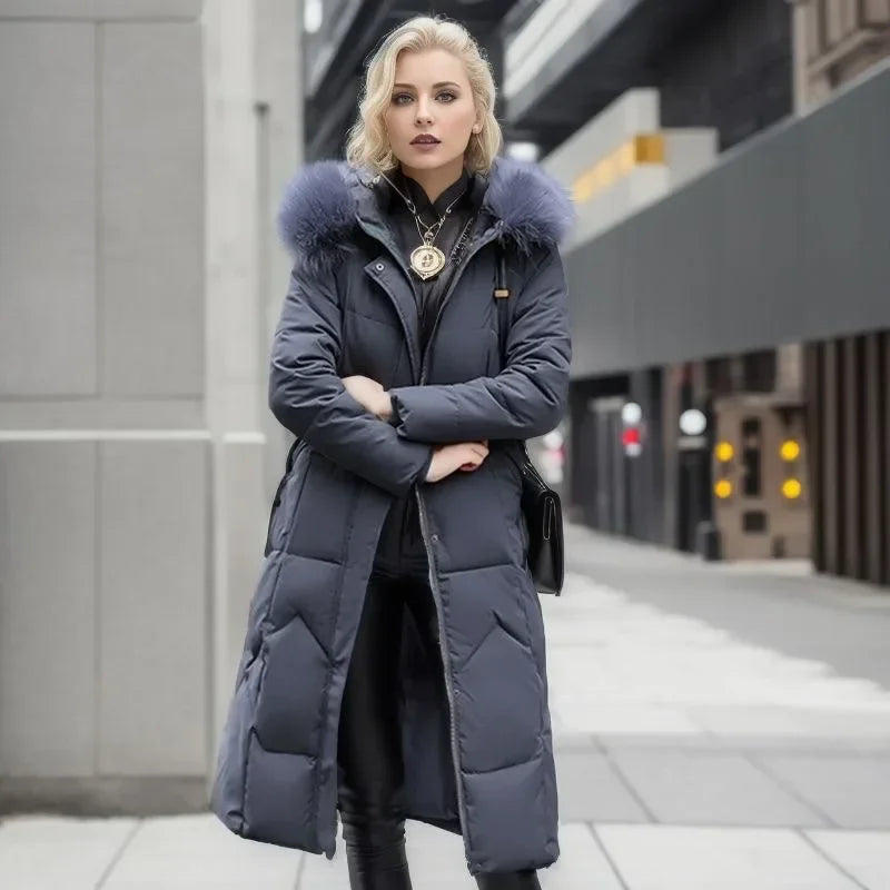 Long Puffer Coat - Quilted Design with Hood Trim