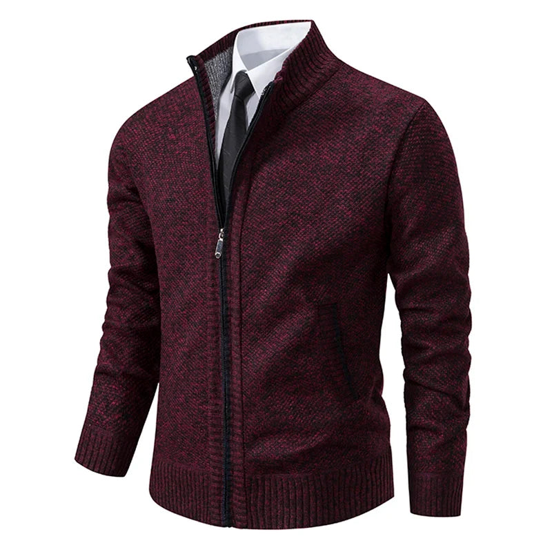 Full Zip Knitted Jacket - Ribbed Trim and Stand Collar