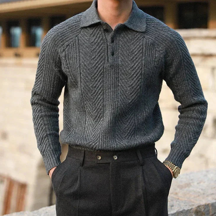 Long Sleeve Knit Polo Shirt - Classic Fit with Button Neck