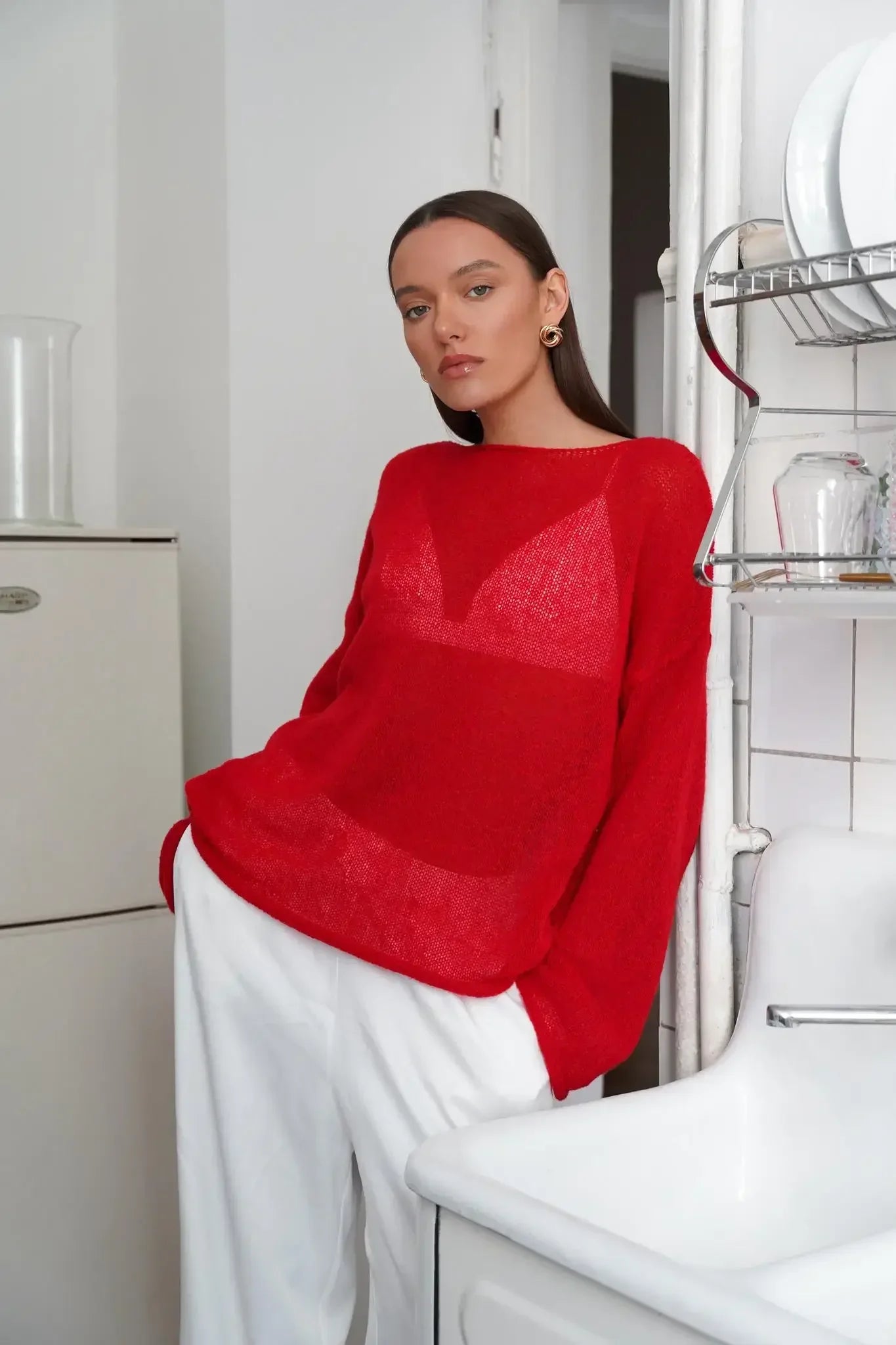 Long Sleeve Knit Top - Sheer Relaxed Fit