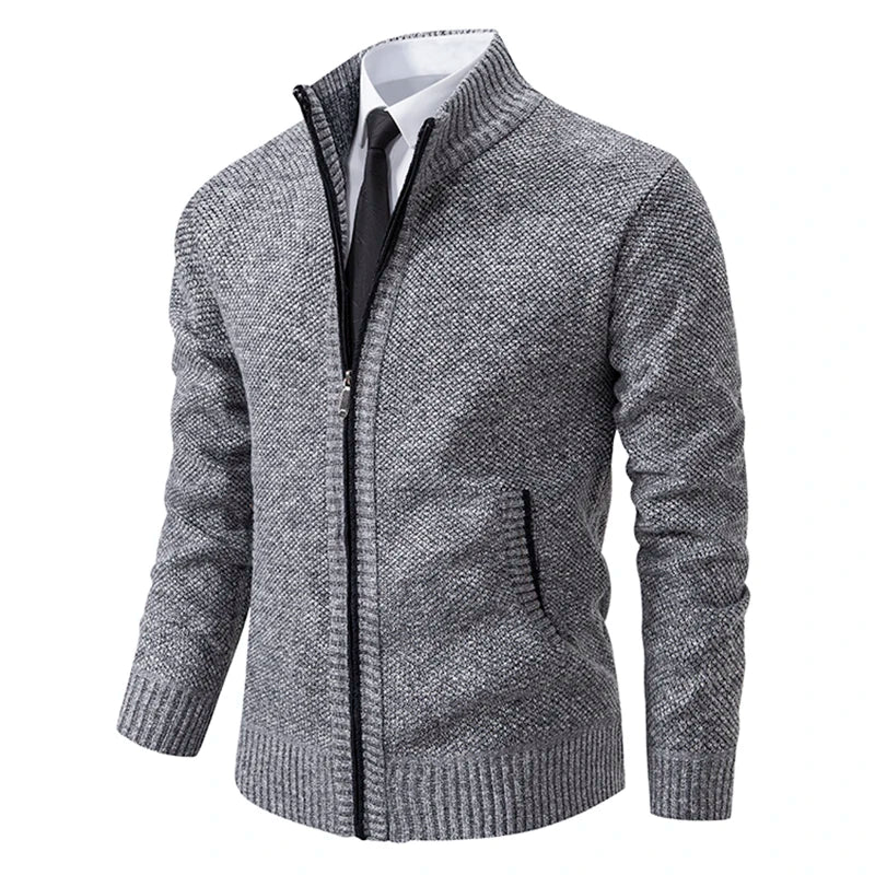 Full Zip Knitted Jacket - Ribbed Trim and Stand Collar