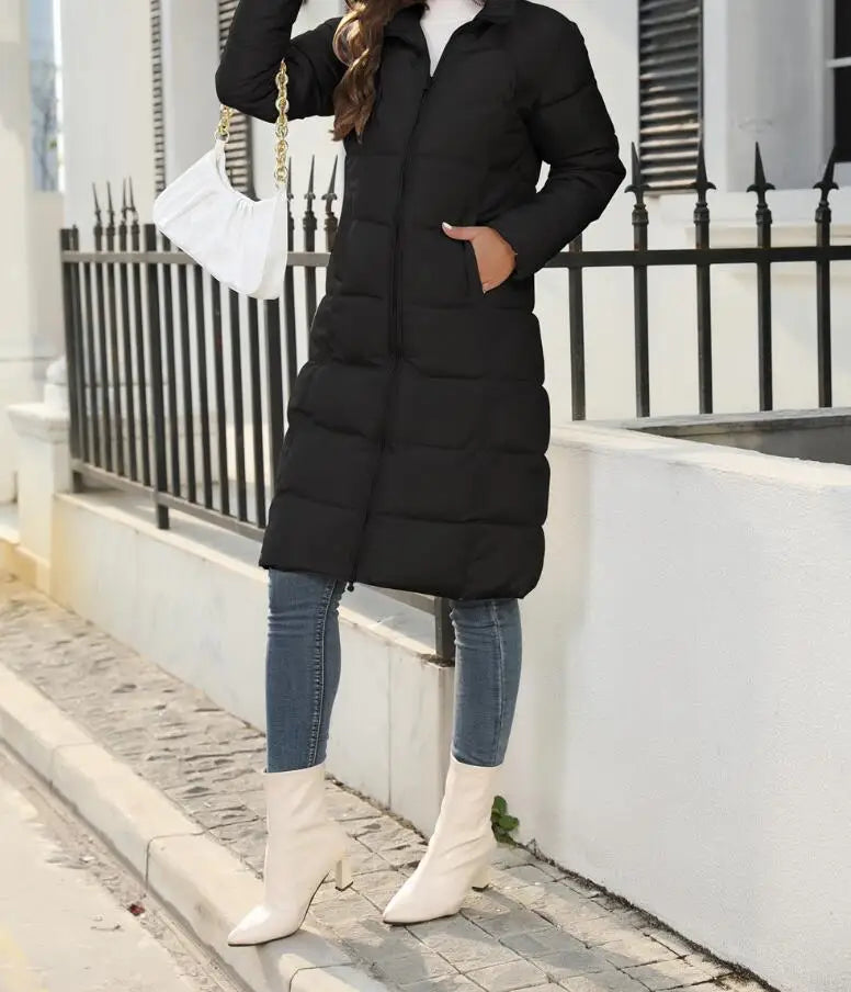 Longline Puffer Coat - Hooded Zip Up with Panel Stitching