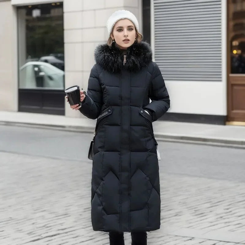 Long Puffer Coat - Quilted Design with Hood Trim