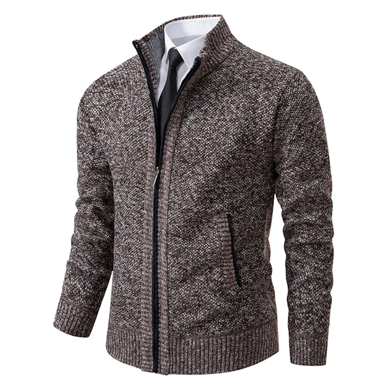 Full Zip Knitted Jacket - Ribbed Trim and Stand Collar