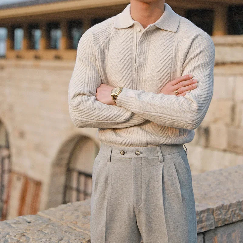 Long Sleeve Knit Polo Shirt - Classic Fit with Button Neck