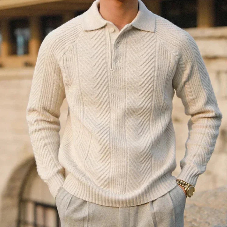 Long Sleeve Knit Polo Shirt - Classic Fit with Button Neck