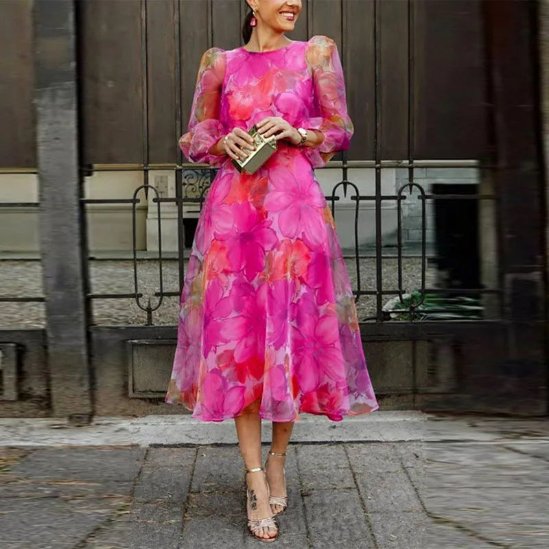 Women's Puff Sleeve Formal Wedding Guest Midi Dress