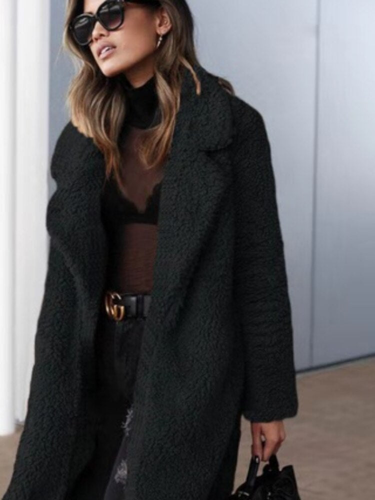 Long Teddy Coat - Open Front with Relaxed Fit