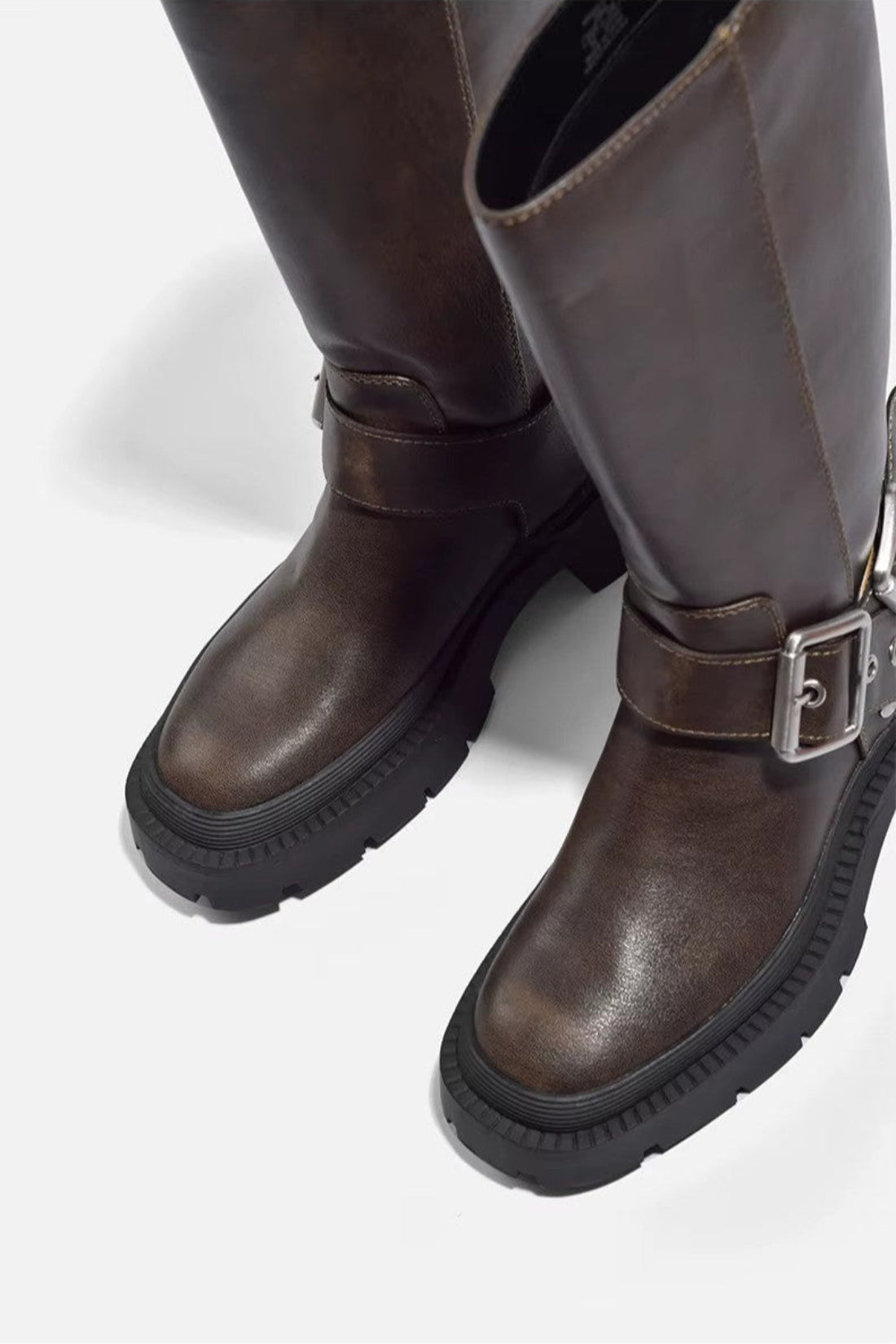 Knee High Boots - Flat Sole with Bold Buckle Straps