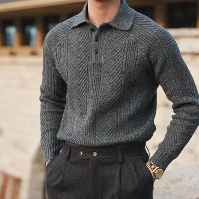 Long Sleeve Knit Polo Shirt - Classic Fit with Button Neck