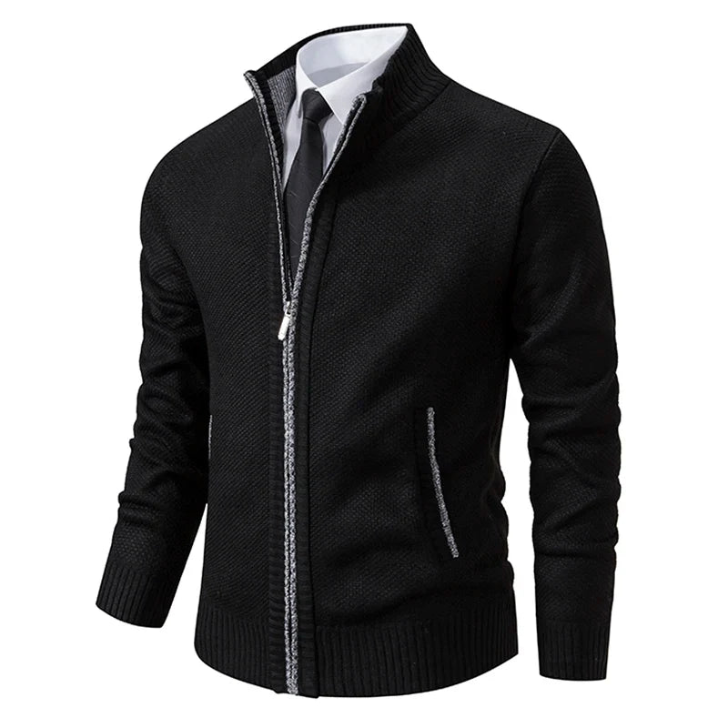 Full Zip Knitted Jacket - Ribbed Trim and Stand Collar