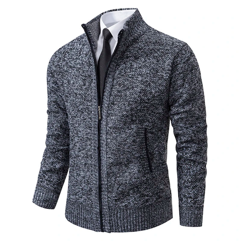 Full Zip Knitted Jacket - Ribbed Trim and Stand Collar