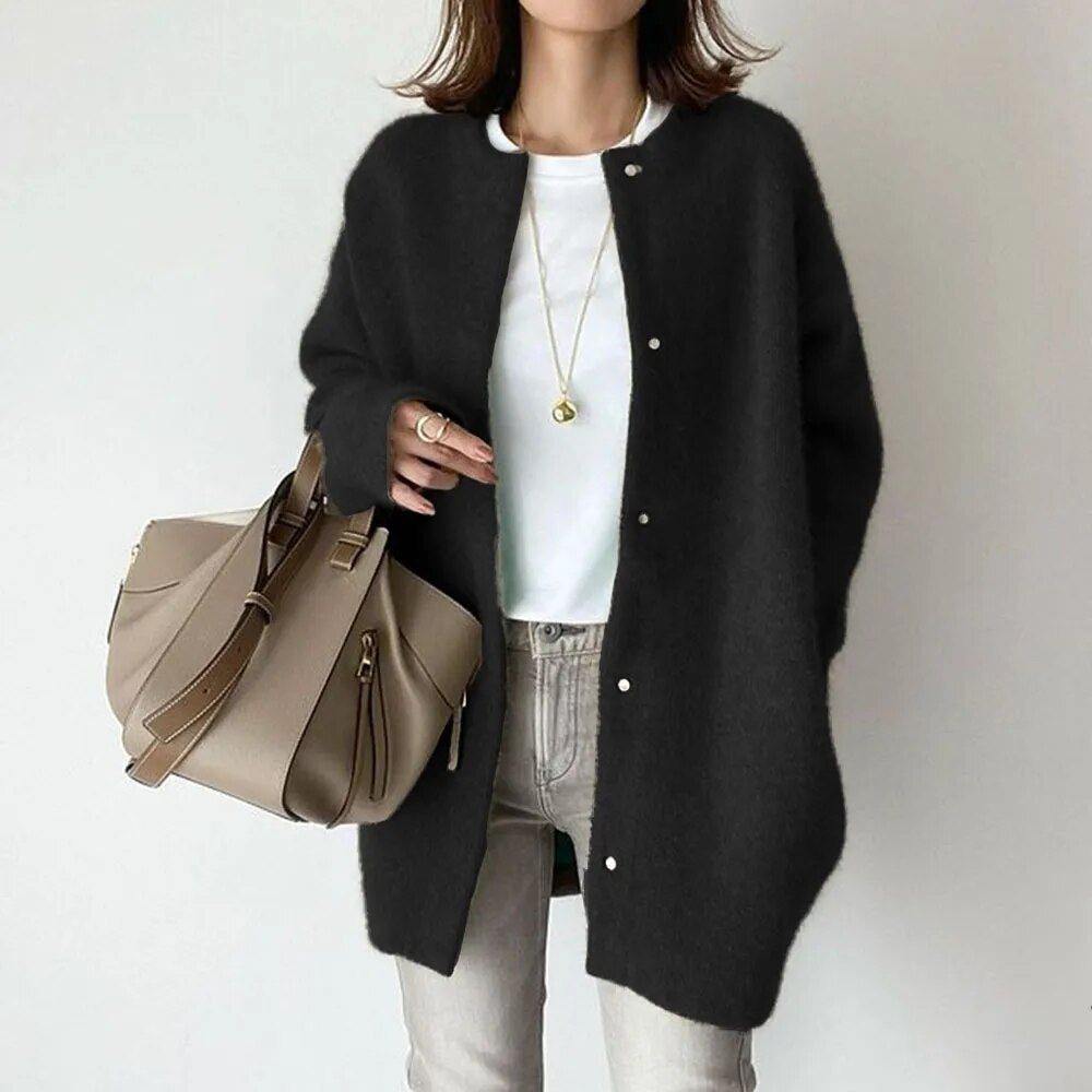 Longline Button Cardigan - Relaxed Fit with Round Neck