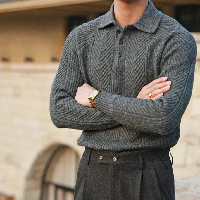 Long Sleeve Knit Polo Shirt - Classic Fit with Button Neck