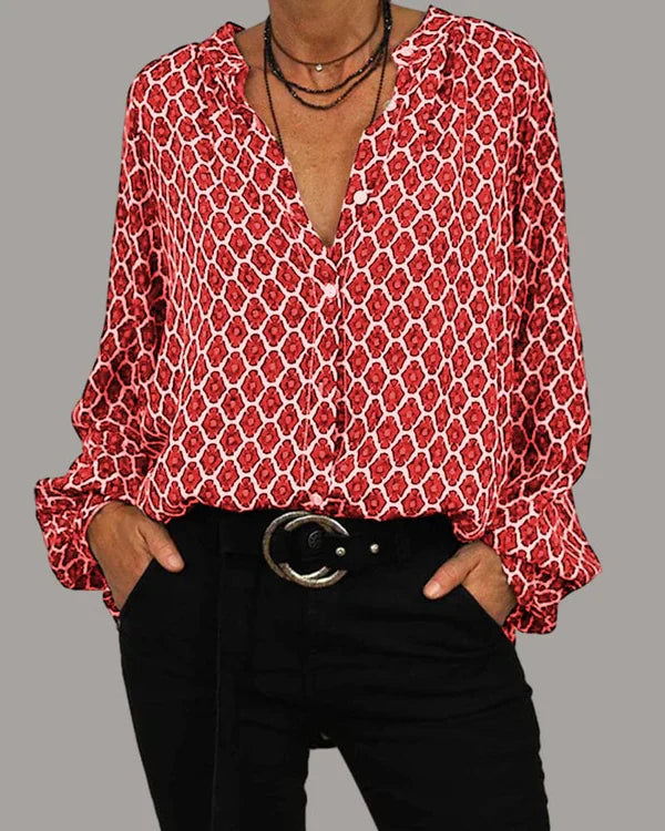 Long Sleeve Blouse - V Neck with Button Front
