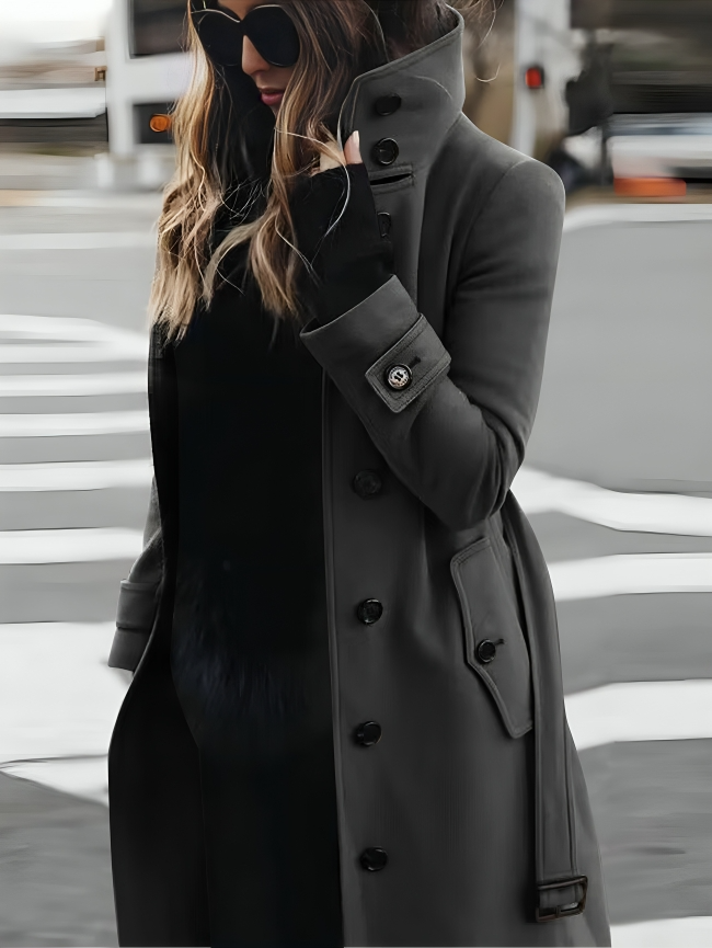 Trench Coat - High Neck Belted with Button Detail