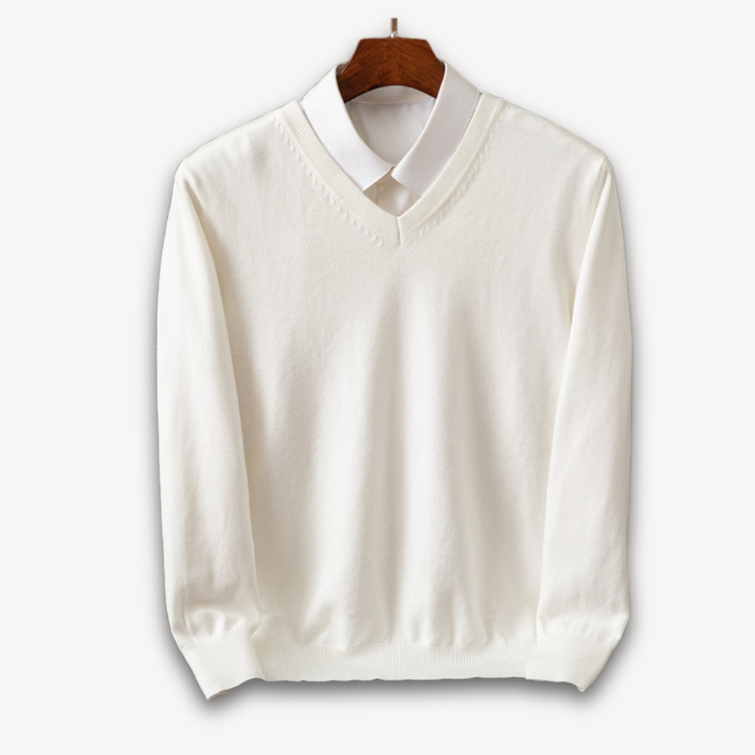 V Neck Pullover Jumper - Slim Fit Layered Collar Look