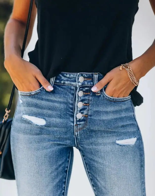 High Waist Skinny Jeans - Button Front Fit