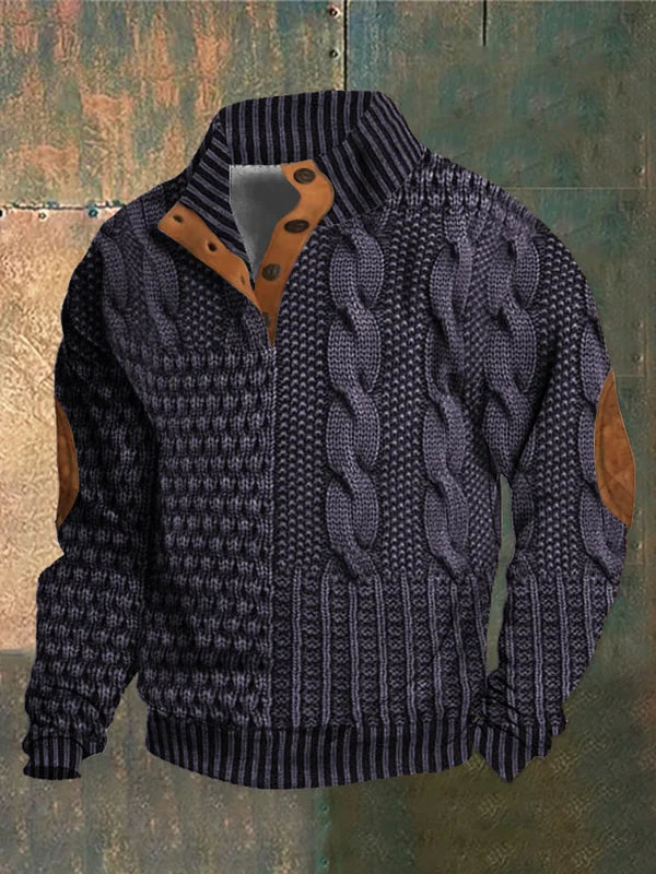 Patterned Quarter Zip Knit Sweater | Button Collar with Textured Design