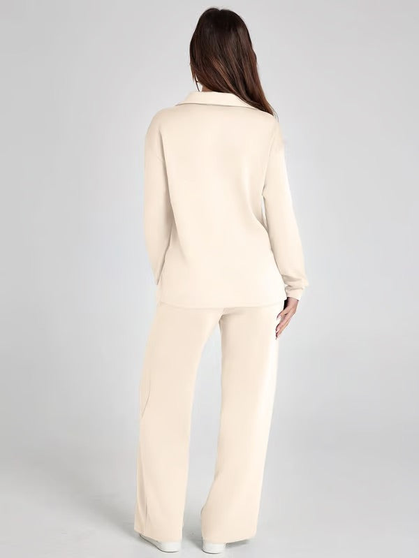 Loungewear Set - V Neck Top with Wide Leg Trousers