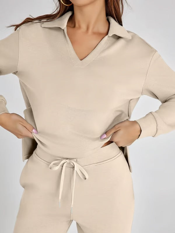 Loungewear Set - V Neck Top with Wide Leg Trousers