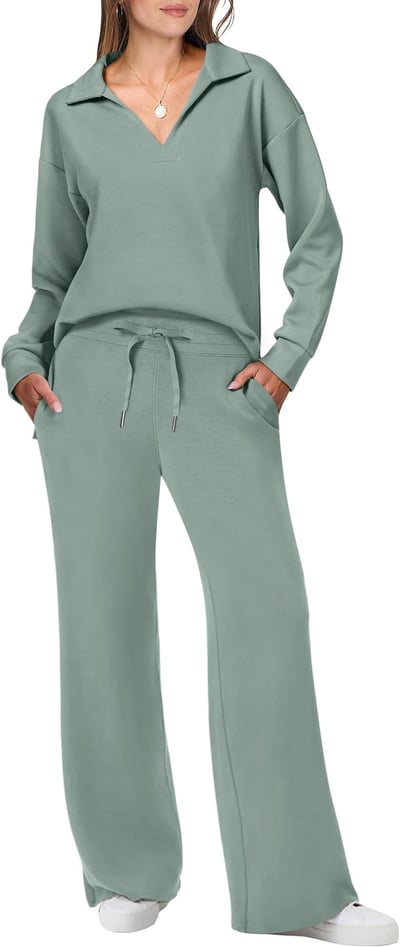 Loungewear Set | Long Sleeve Top with Wide Leg Trousers