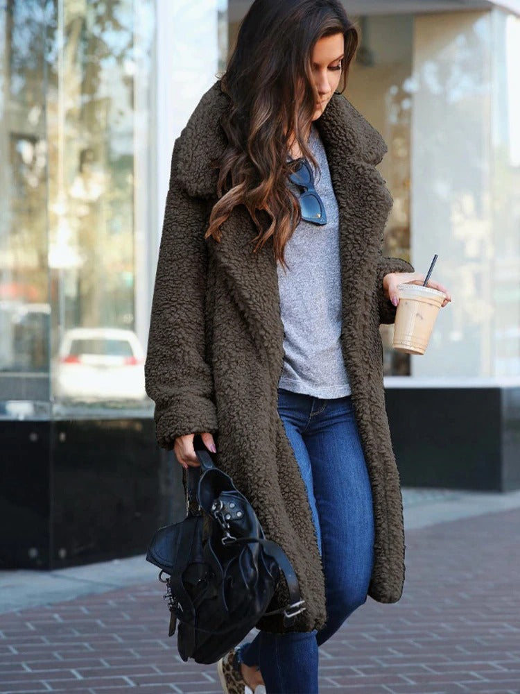 Long Teddy Coat - Open Front with Relaxed Fit