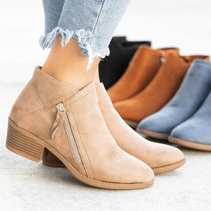 Block-Heel Ankle Boots | with Side Zipper