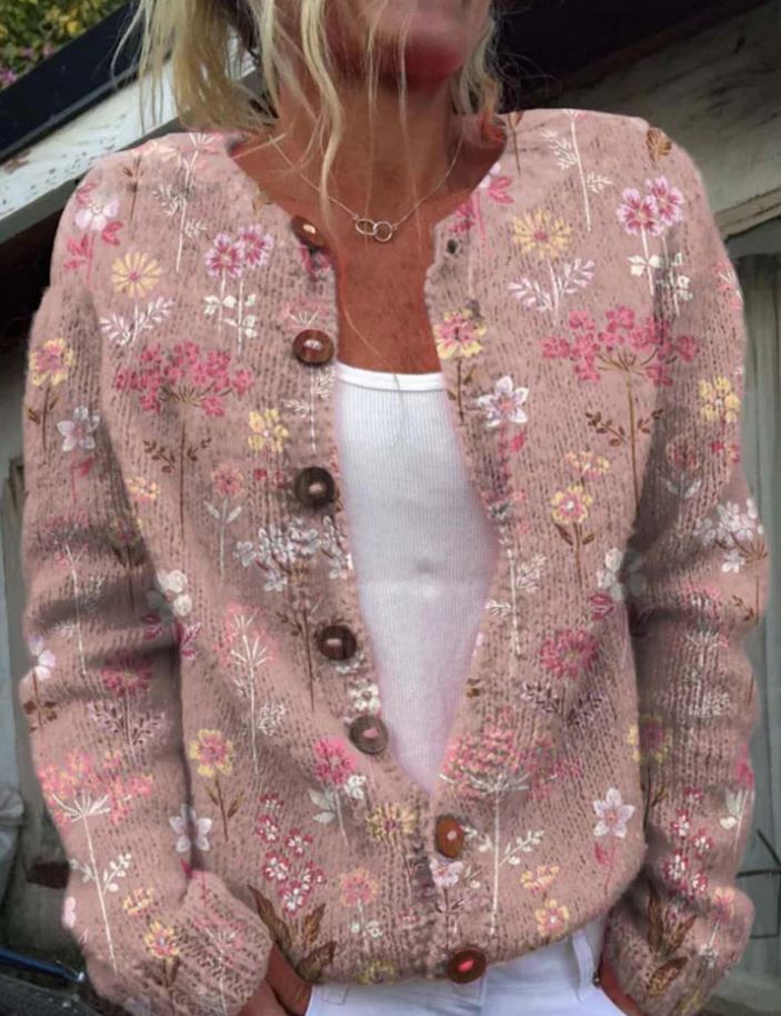 Button Up Knit Cardigan - Embroidered Floral Pattern