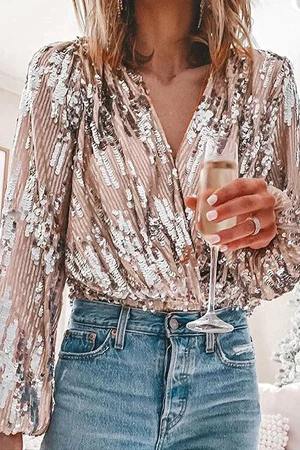 Sequin Wrap Blouse - Long Sleeve Deep V Neck