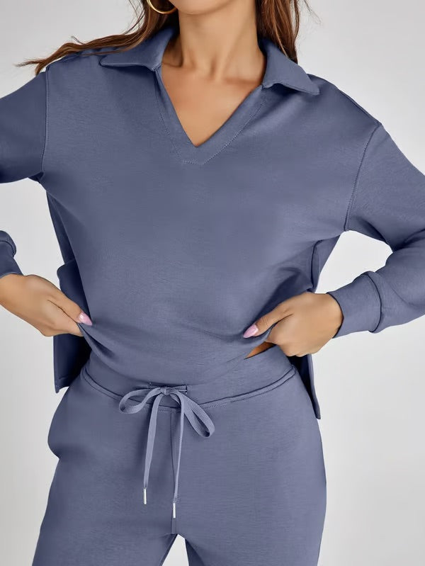 Loungewear Set - V Neck Top with Wide Leg Trousers