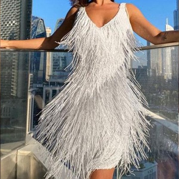 Party Mini Dress - Fringe Detail with V Neck