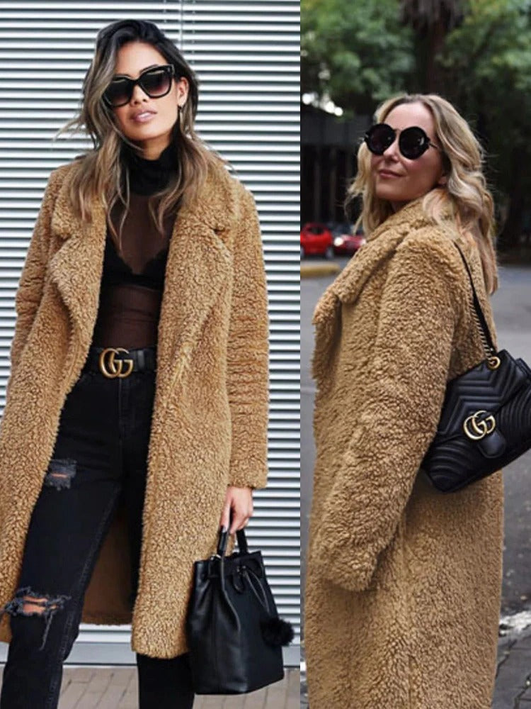 Long Teddy Coat - Open Front with Relaxed Fit