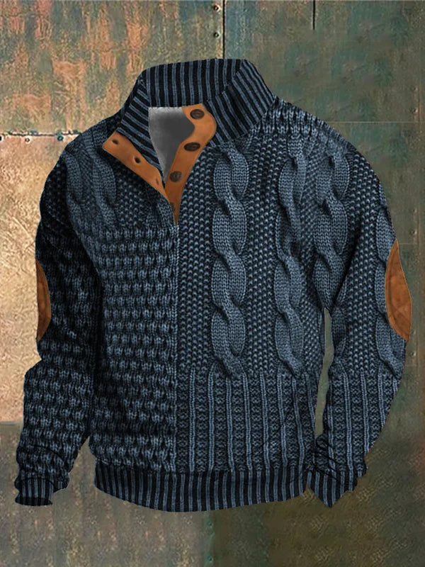 Patterned Quarter Zip Knit Sweater | Button Collar with Textured Design