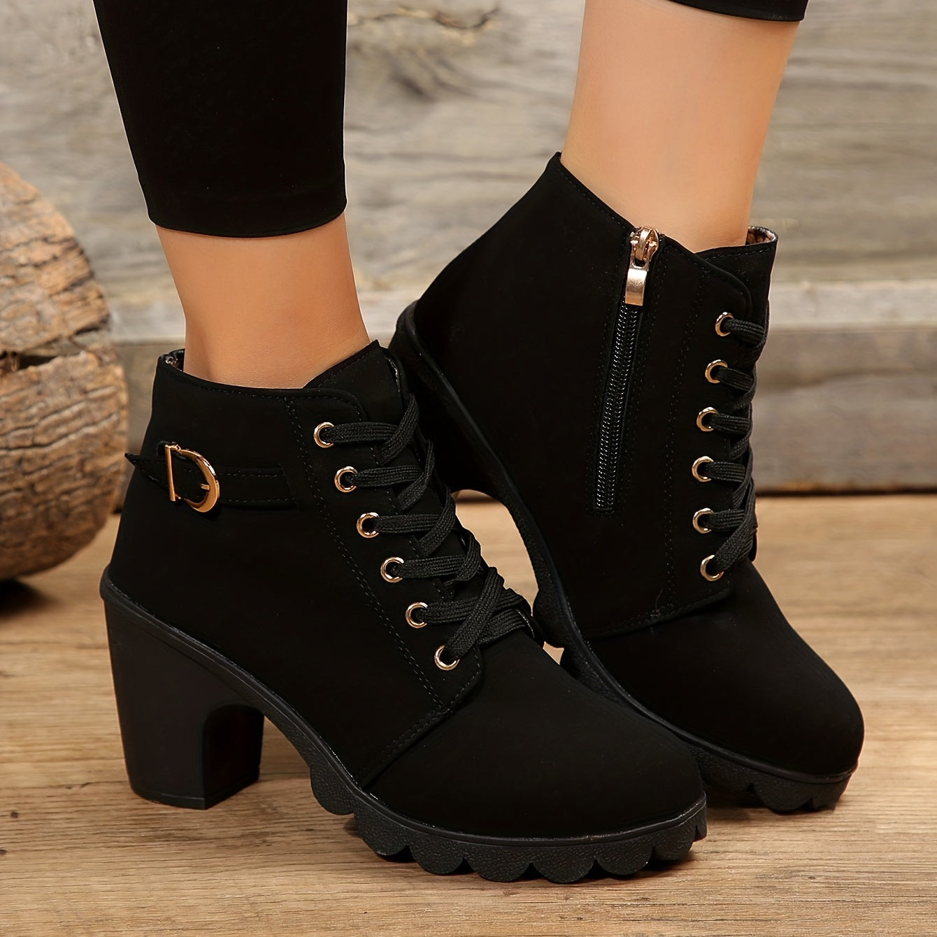 Ankle Boots - Block Heel Lace Up Design