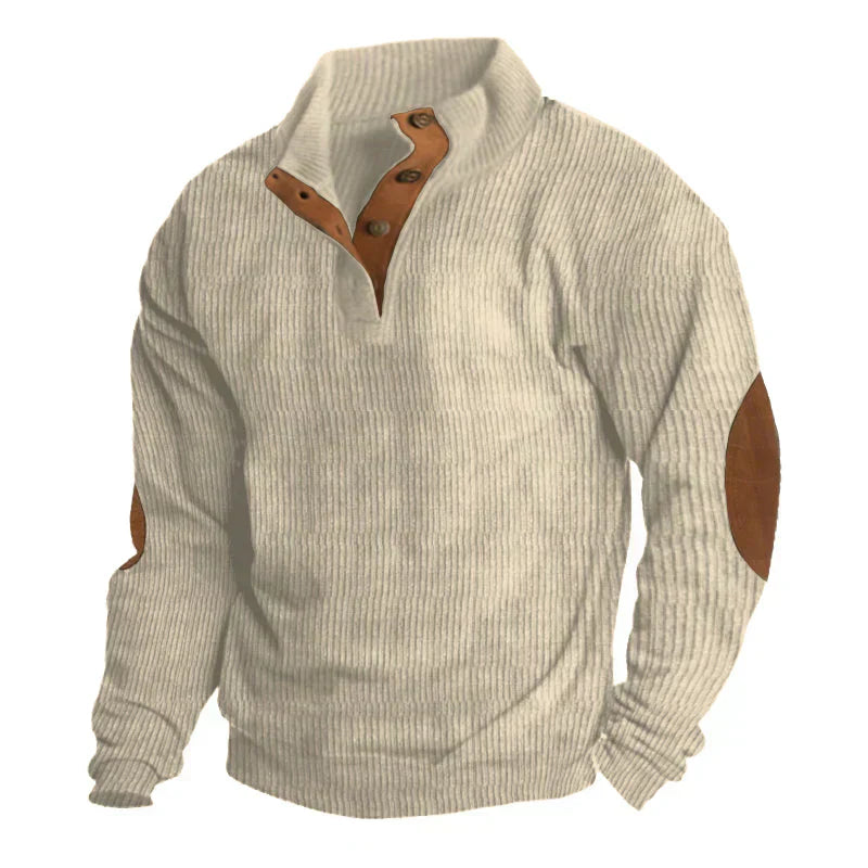 Half Button Knit Jumper - Ribbed Texture with Elbow Patches