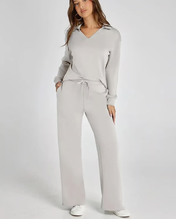 Loungewear Set - V Neck Top with Wide Leg Trousers
