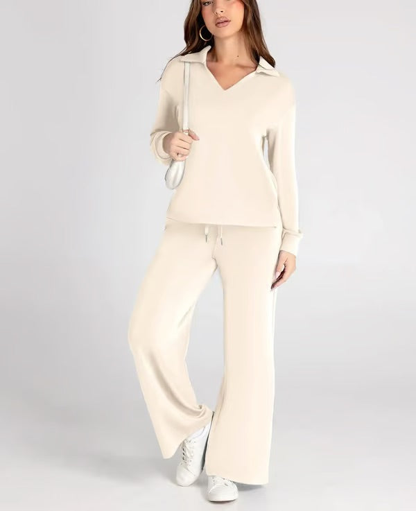Loungewear Set - V Neck Top with Wide Leg Trousers