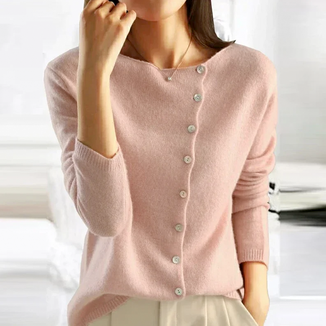 Knit Button Up Cardigan - Round Neck with Asymmetric Detail