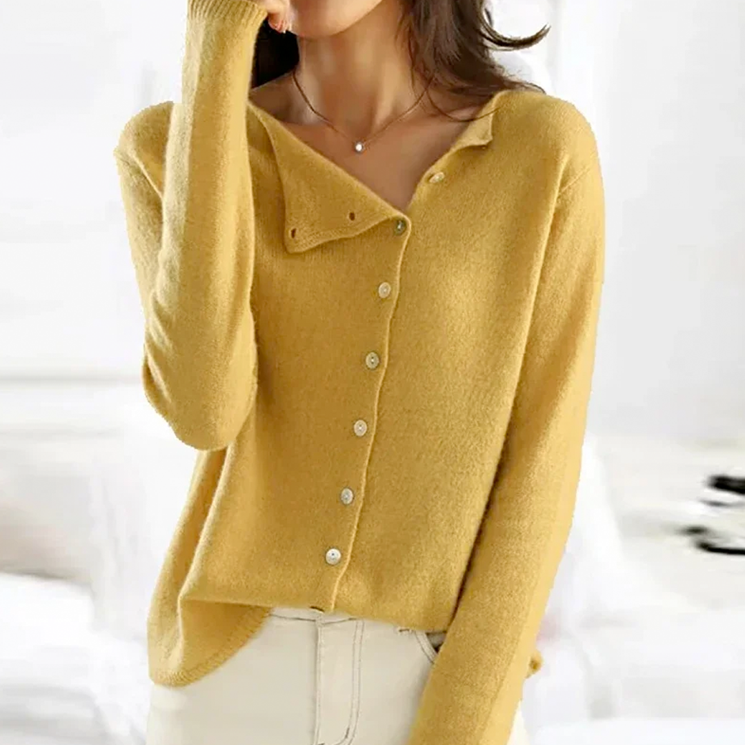 Knit Button Up Cardigan - Round Neck with Asymmetric Detail