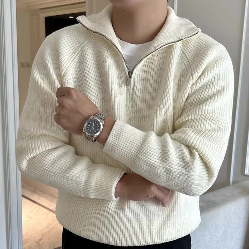 Half Zip Jumper - Ribbed Knit with Relaxed Fit