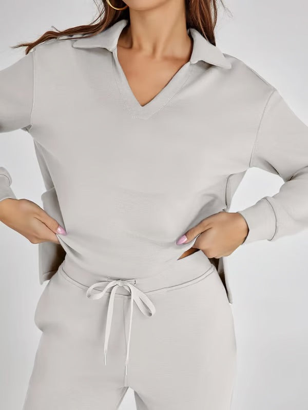 Loungewear Set - V Neck Top with Wide Leg Trousers